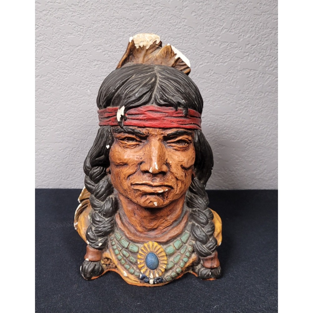 VTG 1980S Mexican Folk Art Native American Chief Bust Statue Ceramic Chalkware